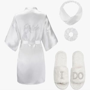 New 4pc Elegant White With Silver Rhinstones Bridal Robe Set With Slippers